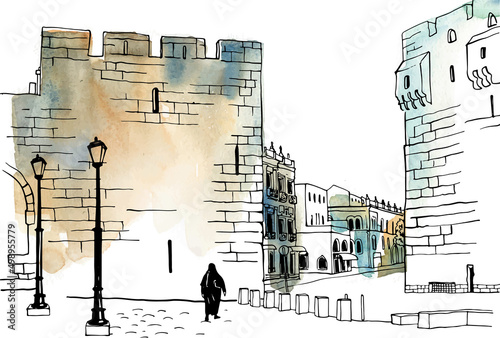 Old street of Jerusalem, black and white vector illustration in hand drawn style. Ancient walls. Jerusalem, Israel. Urban landscape sketch. Line art. Ink drawing on background watercolor.