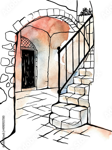 Ancient staircase in the monastery. Black and white vector illustration in hand drawn style. Jerusalem, Israel. Urban landscape sketch. Line art. Ink drawing on background watercolor.