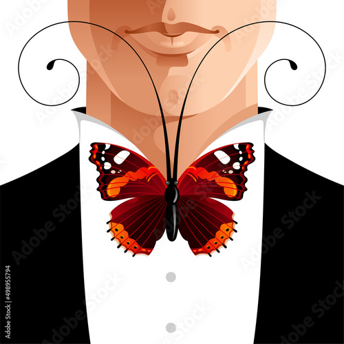 Vector gentleman in tuxedo and elegant butterfly tie. Fashion concept with black man suit, tie bow, jacket. Hipster style illustration for wedding design, music orchestra conductor. Fashion male face