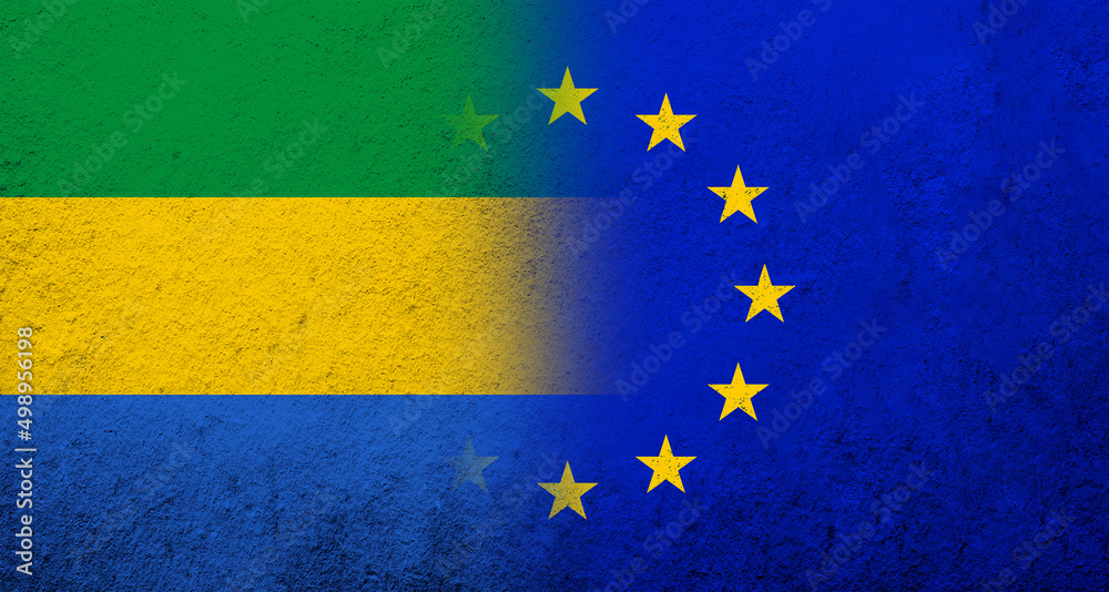 Flag of the European Union with National flag of Gabon. Grunge background