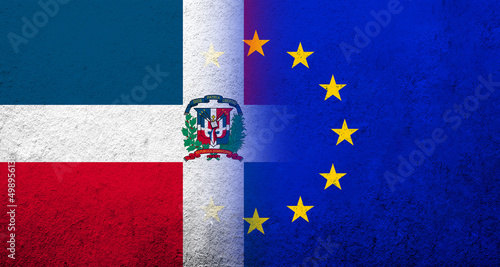 Flag of the European Union with National flag of Dominican Republic. Grunge background