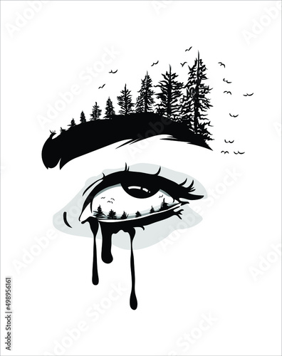 Isolated vector illustration of a tearing, crying, melting human eye looking up at a forest trees growing from eyebrow, tattoo art design with flying birds and horizon.