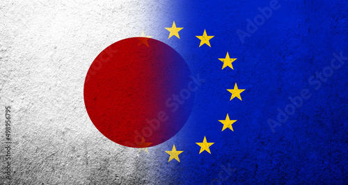 Flag of the European Union with National flag of Japan. Grunge background
