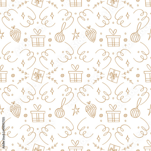 Seamless christmas pattern with elements in doodle style: presents, oaks, ribbons, stars, confetti and branches. Vector holiday background. New Year mood. Print for textiles, wrapping paper, wallpaper