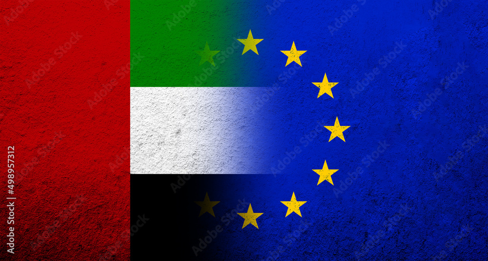 Flag of the European Union with National flag of United Arab Emirates. Grunge background Flag of the European Union with National flag of United Arab Emirates. Grunge background