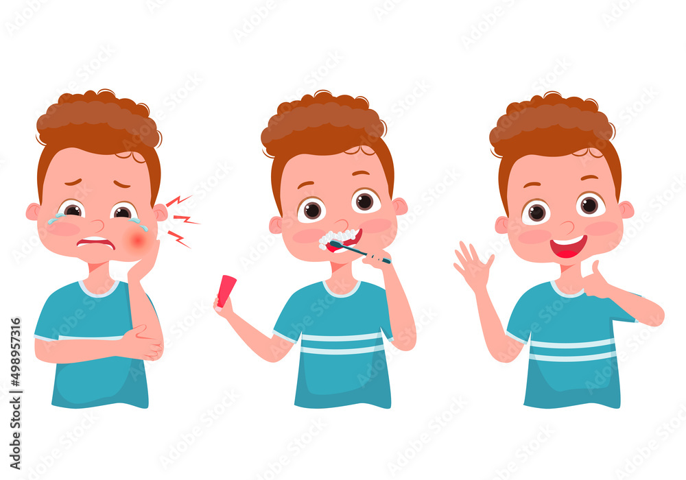 Little boy with tooth brush and toothpaste. Child brushing teeth. Dental kids. Toothache. Baby crying for pain. Happy baby smile. Healthy teeth. Hygiene. Vector illustration.
Little boy with tooth brush and toothpaste. Child brushing teeth. Dental kids. Toothache. Baby crying for pain. Happy baby smile. Healthy teeth. Hygiene. Vector illustration.