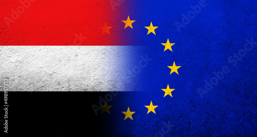 Flag of the European Union with National flag of Yemen. Grunge background