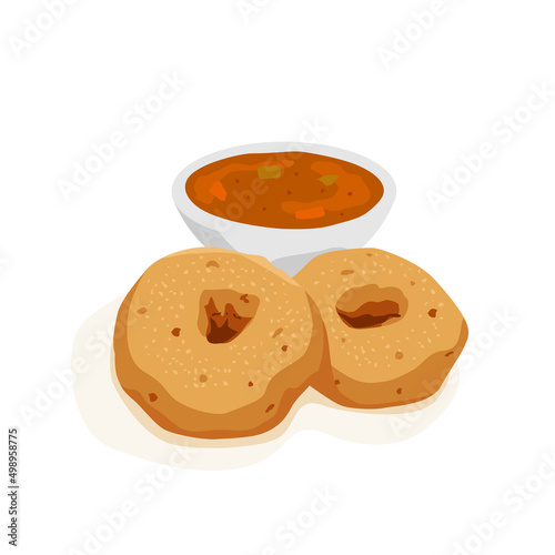 Uzhunnu vada or Medu vada is a South Indian breakfast snack with sambar vector illustration