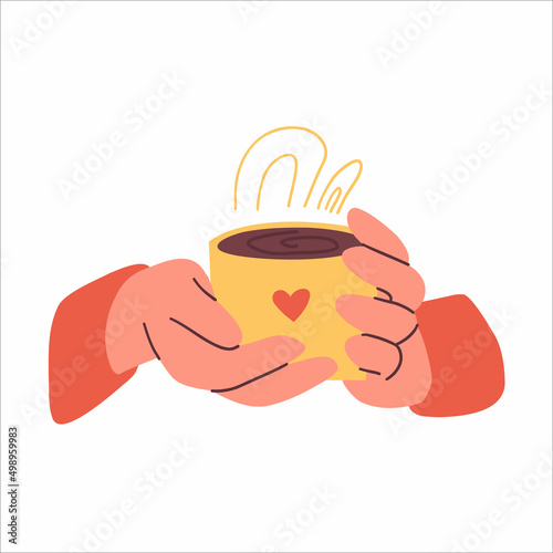 Hands with cups for drinks. Hands hold different mugs with hot drink, coffee, cocoa and tea. Flat vector hand drawn illustration.