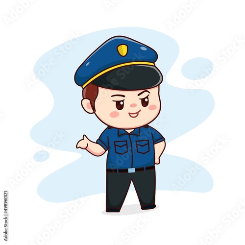 illustration of happy cute policeman kawaii chibi cartoon character design