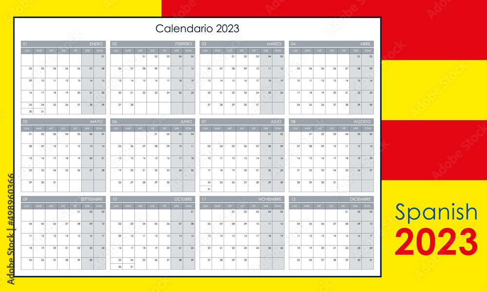 Planner 2023. Annual calendar, wall planner with free space for notes.  Horizontal layout, template with 12 months on one page. Week starts from  monday. Spanish language. Stock Vector | Adobe Stock