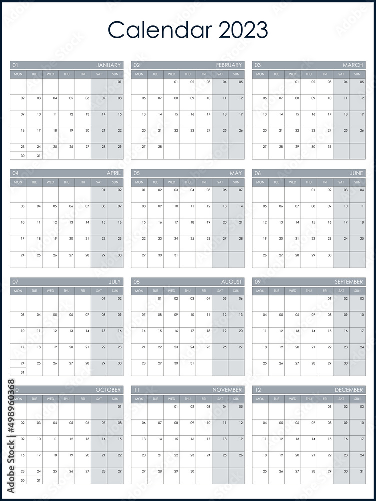 Calendar 2023. Wall planner with free space for notes. Vertical layout,  template with 12 months on one page. Week starts from monday. English  language. Stock Vector | Adobe Stock