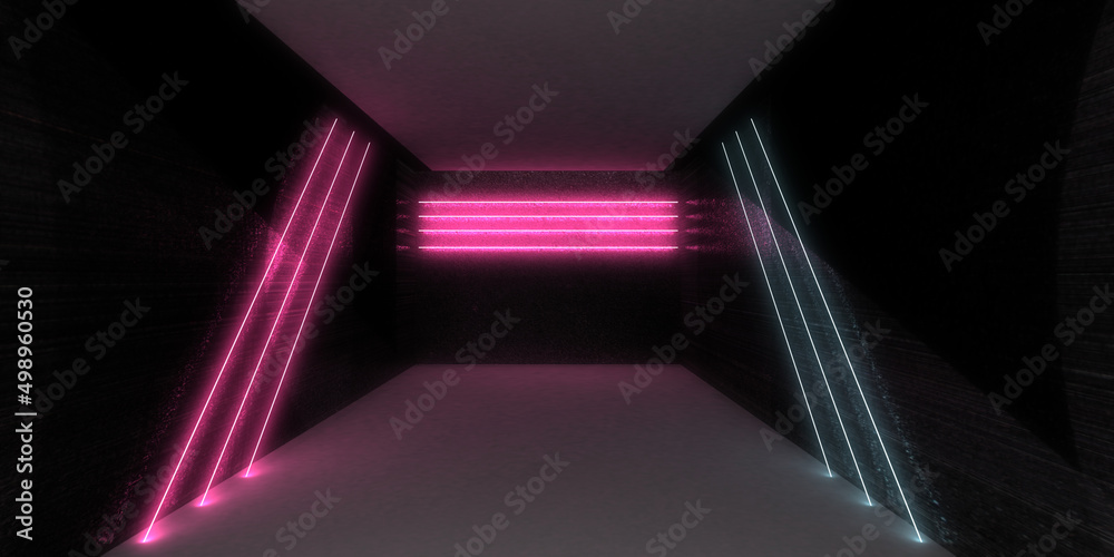 Obraz premium 3D abstract background with neon lights. neon tunnel .space construction . .3d illustration
