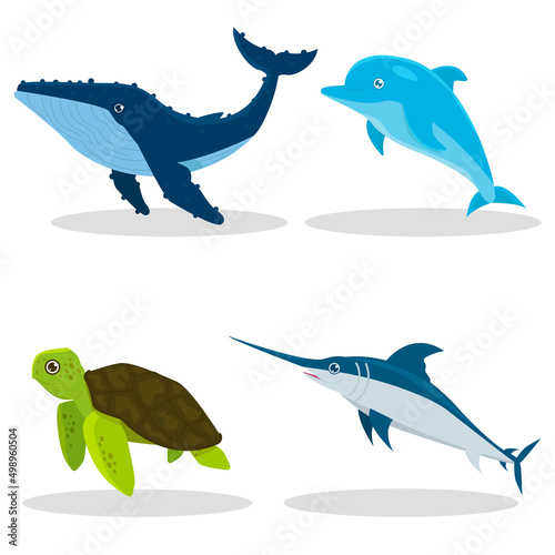 Marine elements.. Turtle, swordfish, dolphin and whale. Vector graphic.
