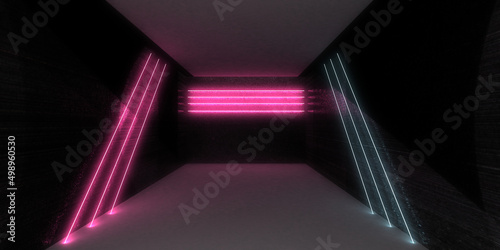 3D abstract background with neon lights. neon tunnel  .space construction . .3d illustration