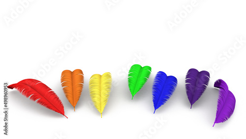 Set of colorful feathers with rainbow colors isolated on white background,  3D illustration (ID: 498960953)