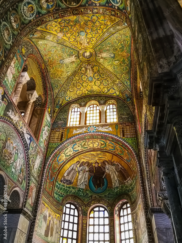 View on the mosaics of the church of San Vitale in Ravenna, Emilia Romagna, Italy