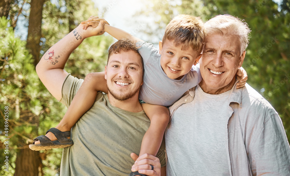 Fototapeta premium Boys trip. Cropped portrait of a handsome young man camping in the woods with his father and son.