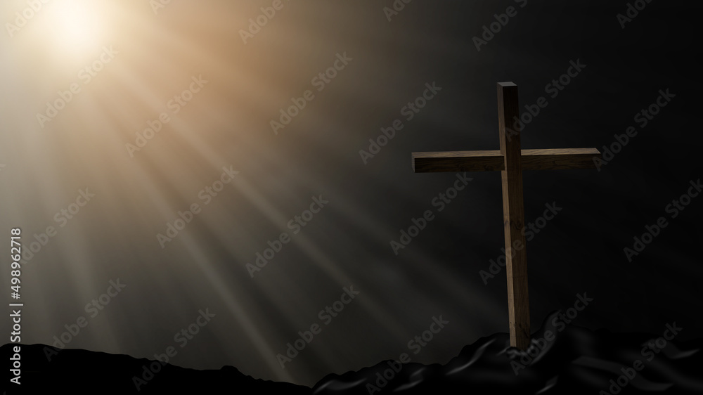 Naklejka premium Jesus Christ cross. Easter, resurrection concept. Christian wooden cross on a background with dramatic lighting, colorful mountain sunset, dark clouds and sky, sunbeams.