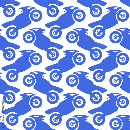 Blue sports motorcycles isolated on white background. Side view. Monochrome transport seamless pattern. Vector simple flat graphic illustration. Texture.