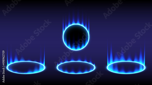 Sci-fi high-technology stage collection in glowing HUD. Hologram portal swirl light of science futuristic. Magic warp gate in game fantasy. Circle teleport podium. Blue flame virtual reality users