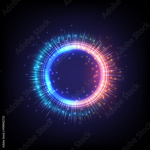 Technology glowing HUD circle. Light , ray and sparking ring. Colorful tunnel. Bright border. Magic portal. Luminous electron and glint swirling. Fireworks model