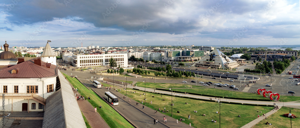 View from the Transfiguration Tower of the Kazan Kremlin to the Pyramid entertainment complex
