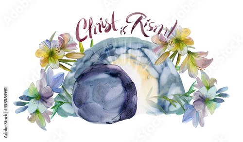 Photography Easter watercolor illustration: the cave of Jesus Christ, a flower wreath of lil