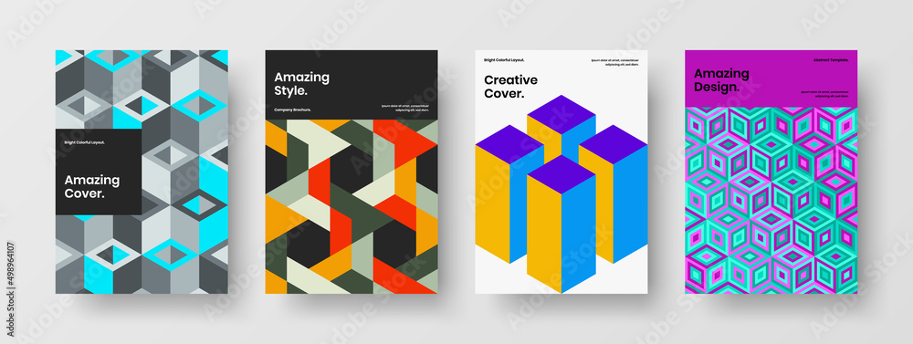 Colorful geometric tiles postcard template set. Creative banner A4 design vector layout bundle.
