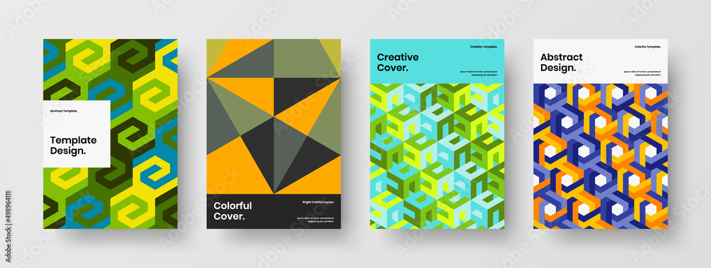 Simple magazine cover A4 vector design layout set. Unique geometric hexagons placard template bundle.