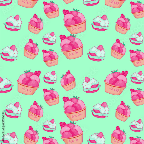 Cute seamless pattern on blue background with cake and delicious ice cream. Handmade cakes and delicious ice cream. Texture for scrapbooking, wrapping paper, invitations. Vector illustration.
