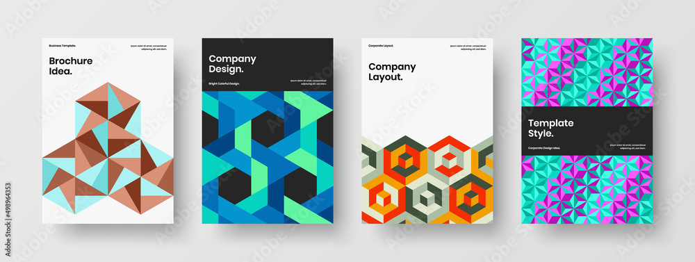 Colorful magazine cover A4 vector design illustration collection. Minimalistic geometric shapes presentation layout set.