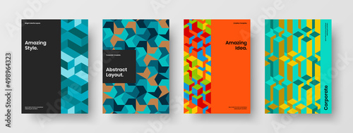 Bright geometric pattern placard illustration set. Minimalistic corporate identity A4 vector design concept bundle.