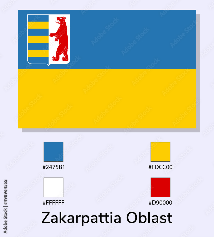 Obraz premium Vector Illustration of Zakarpattia Oblast flag isolated on light blue background. Illustration Zakarpattia Oblast flag with Color Codes. As close as possible to the original. vector eps10.