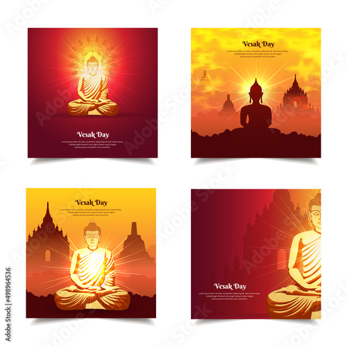 Collection of Vesak day background with lord buddha and temple.