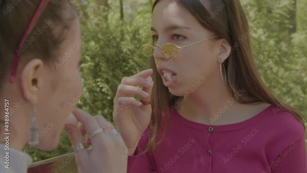 Two friends eat marshmallows in the park and enjoy the rest. One girl wipes the face of another. Two friends eat marshmallows in the park and enjoy the rest. One girl wipes the face of another.