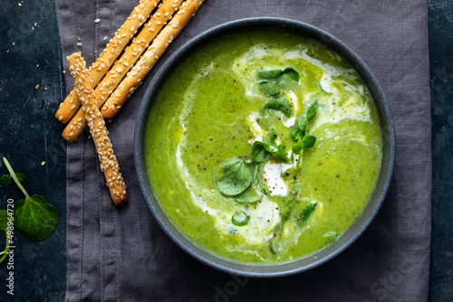 Green peas, watercress and leek soup photo