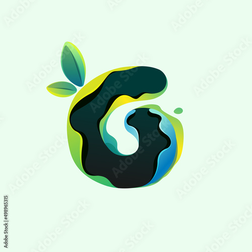 Number six eco logo with green leaves in hologram glitch style.