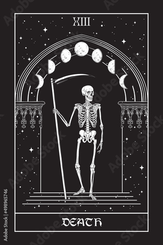 Tarot card Death Grim Reaper with the scythes in front of the gothic arch with moon vector illustration. Hand drawn gothic style placard, poster or print design