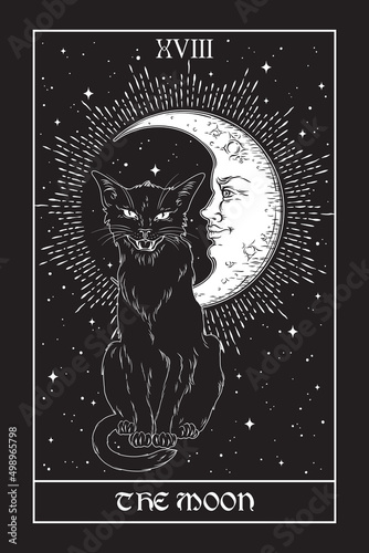 Tarot card The Moon black cat over night sky with moon and stars. Familiar spirit, halloween or pagan witchcraft theme print design vector illustration