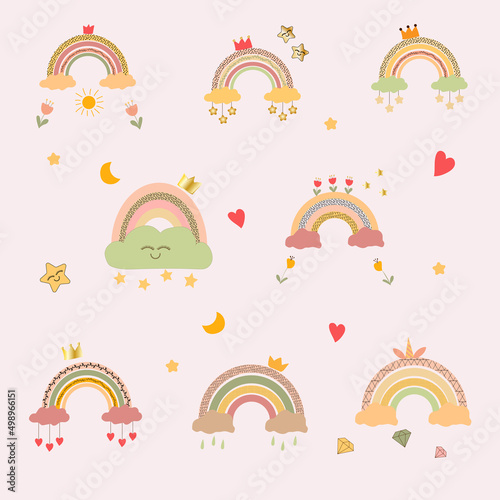 Cute vector pastel rainbow set with drops and heart isolated on pink background