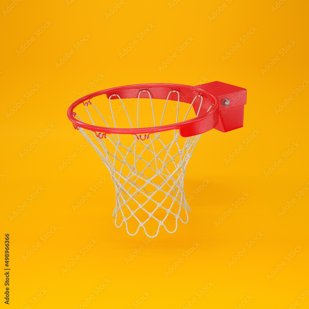 Red basketball rim floating on a yellow background, 3d render