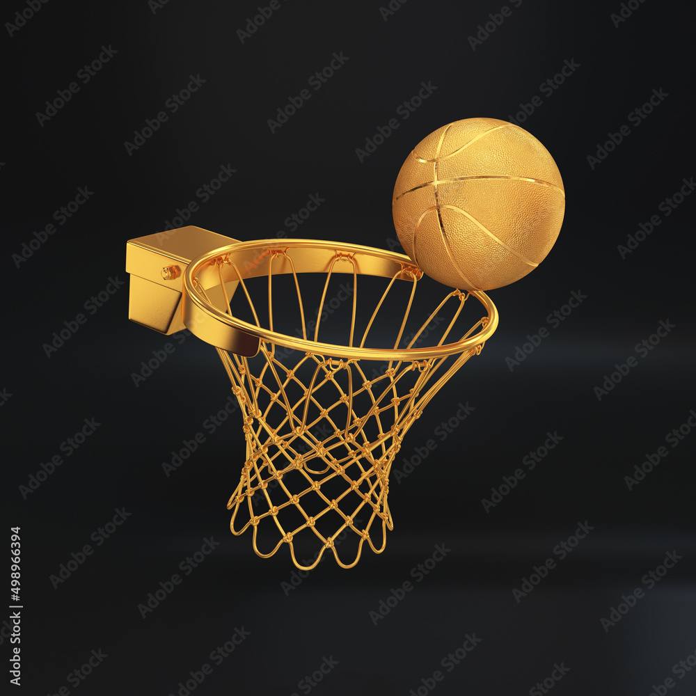 Gold basketball rim with a ball floating on a black background, 3d render