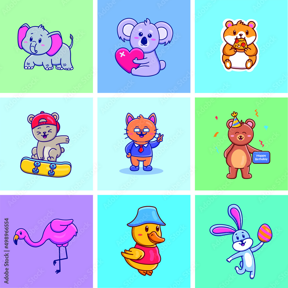 Obraz premium Cute cartoon set of animals illustrations. Isolated animal vector. Flat cartoon style