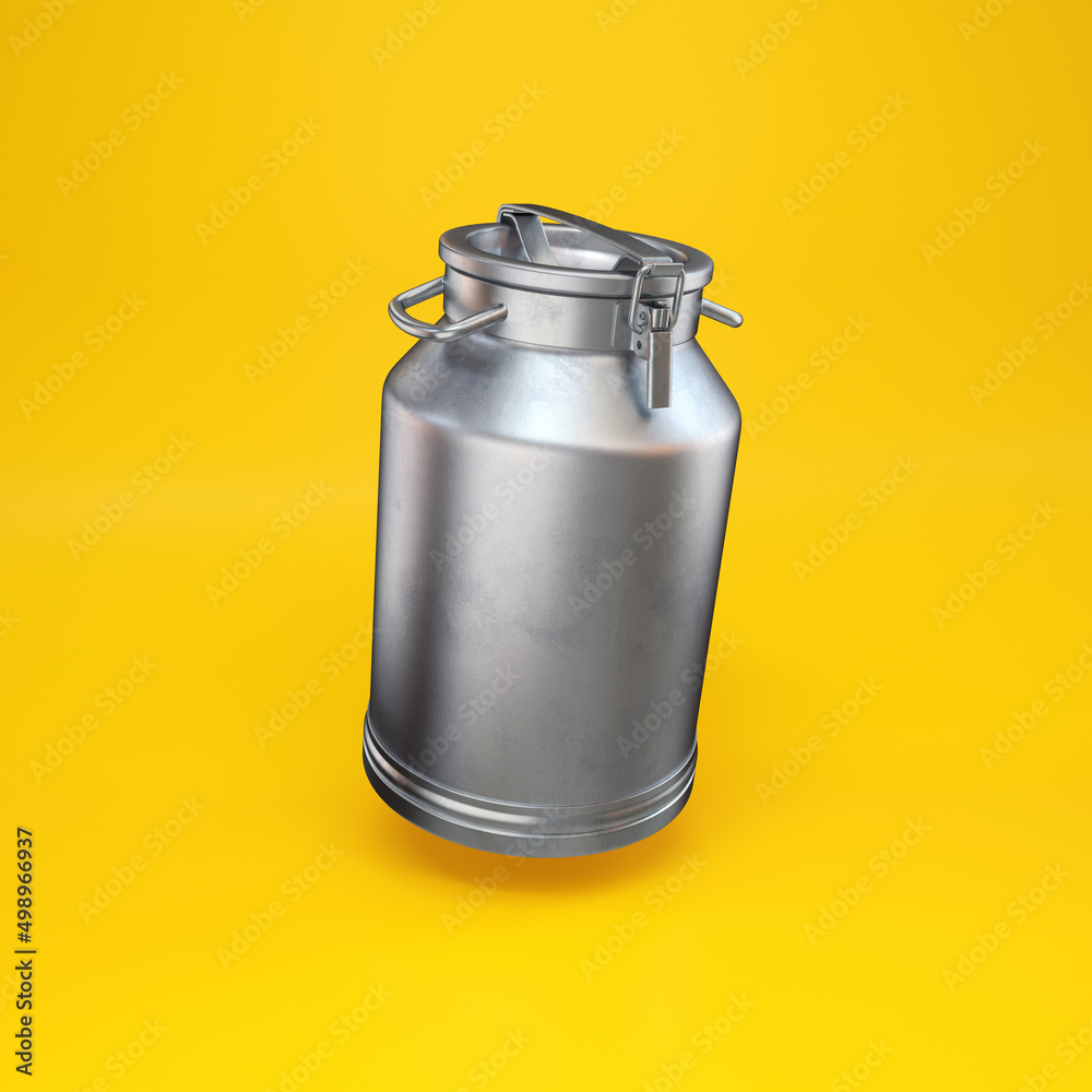 Milk can silver floating on a yellow background, 3d render
