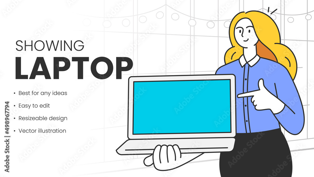 Young woman holding a laptop, pointing her finger showing the blank screen. Laptop computer technology concept. Vector flat illustration. Young woman holding a laptop, pointing her finger showing the blank screen. Laptop computer technology concept. Vector flat illustration.