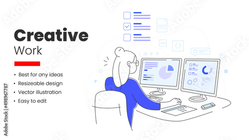 Beautiful geeky female characters Using computers to do research, analysis, and office work on a desk. Vector illustration in flat style.