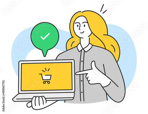 Happy woman holding a laptop computer with one hand and pointing at the screen to buy online. Remote modern shopping using technology from anywhere.