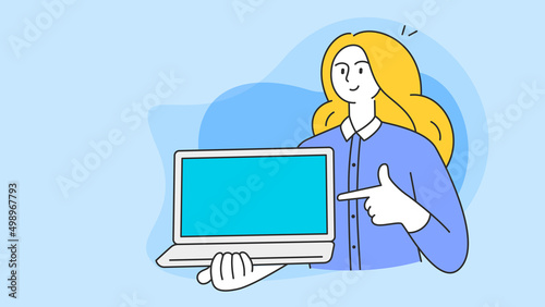 Young woman holding a laptop, pointing her finger to show the blank screen. Laptop computer technology concept. Vector flat illustration.