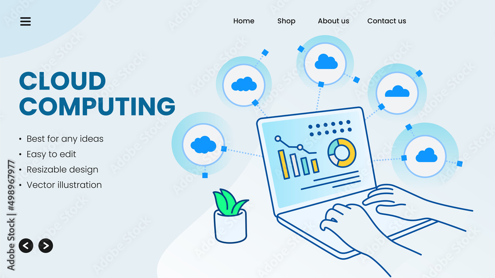 Cloud computing, data analysis, and research concept with laptop monitor communicating with resources located in the cloud. Vector illustration.